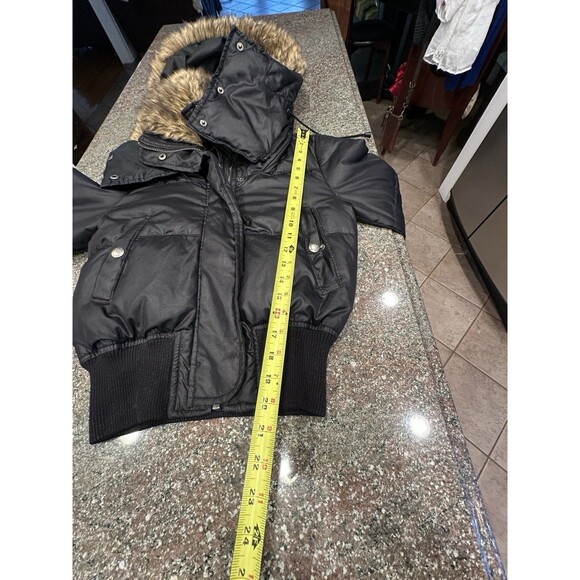 Y2K jacket zip Fur Hood Puffer Jacket XS Crop Bomber Black Down Express - Picture 12 of 14